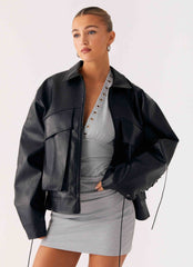 Lula Tassle Faux Leather Bomber Jacket - Black