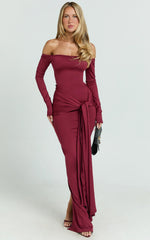 Judith Maxi Dress - Boat Neck Backless Tie Front Long Sleeve Jersey Dress in Wine