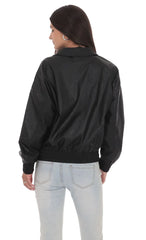 Woven Faux Leather Bomber Jacket in Black