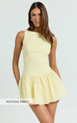 Izira Mini Dress - Boat Neck Drop Waist Shift Dress in Butter Yellow