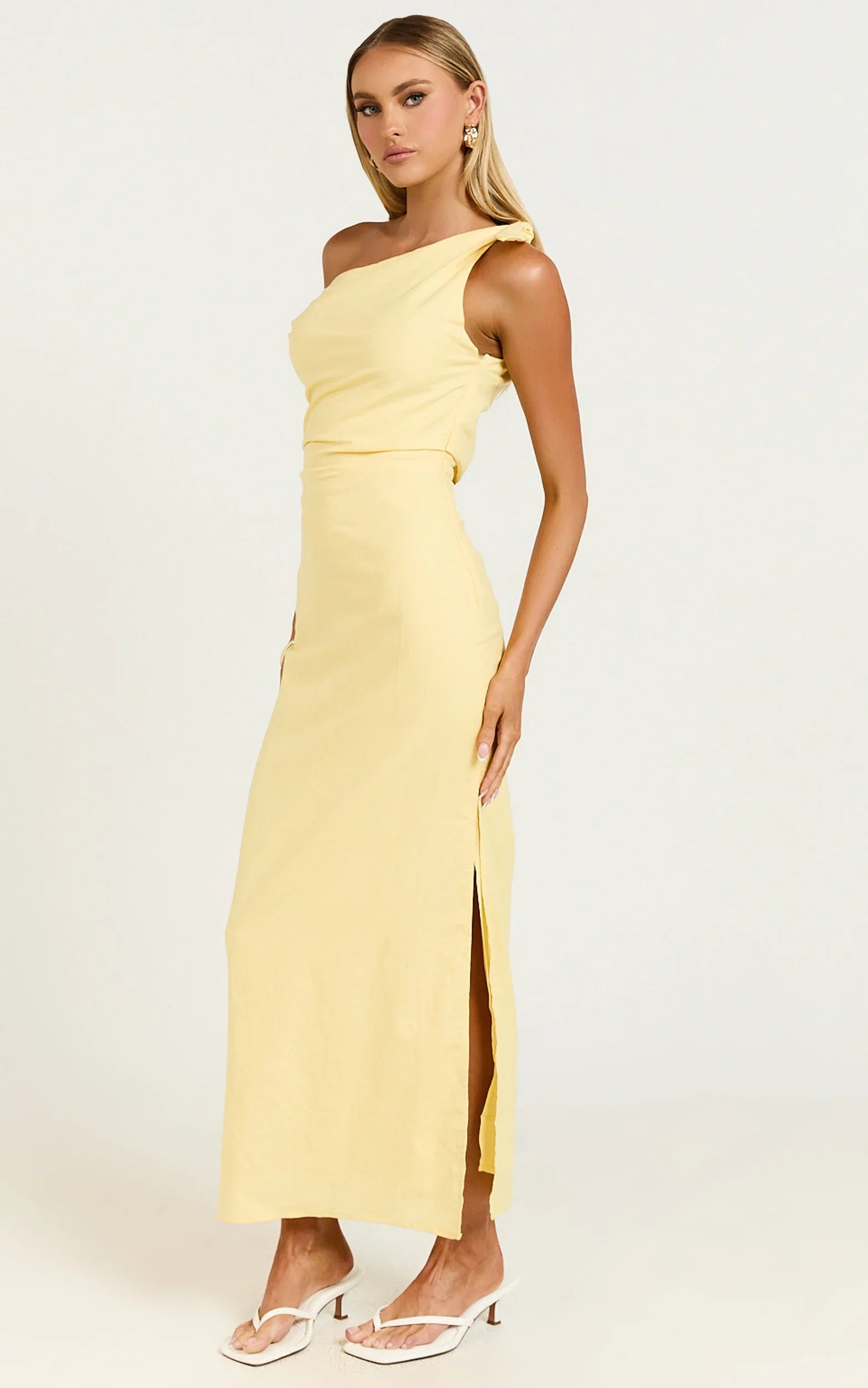 Cincinnati Midi Dress - Off The Shoulder Side Split Column Linen Dress in Lemon