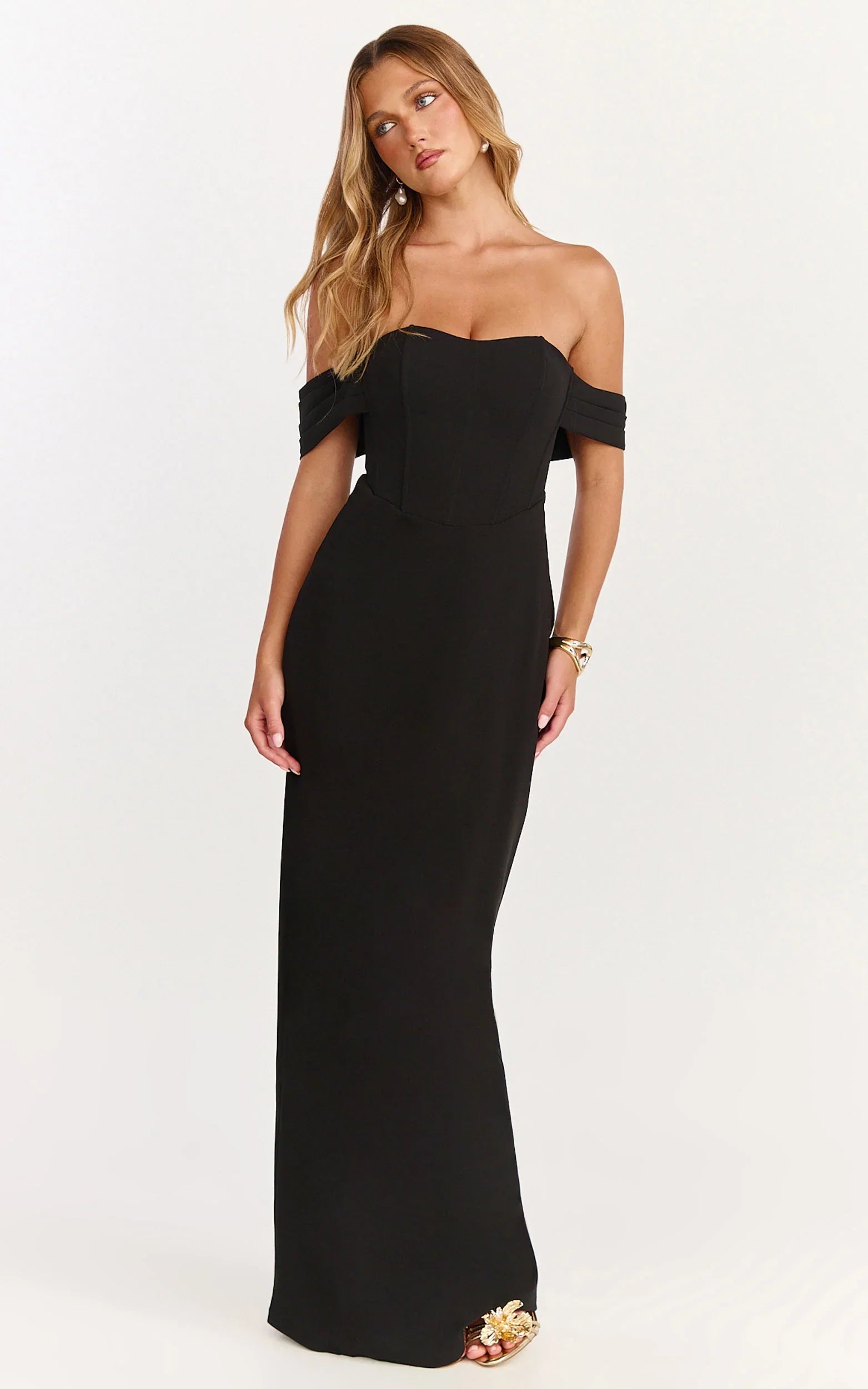 Karina Maxi Dress - Off Shoulder Corset Bodice Lace Up Back Dress in Black