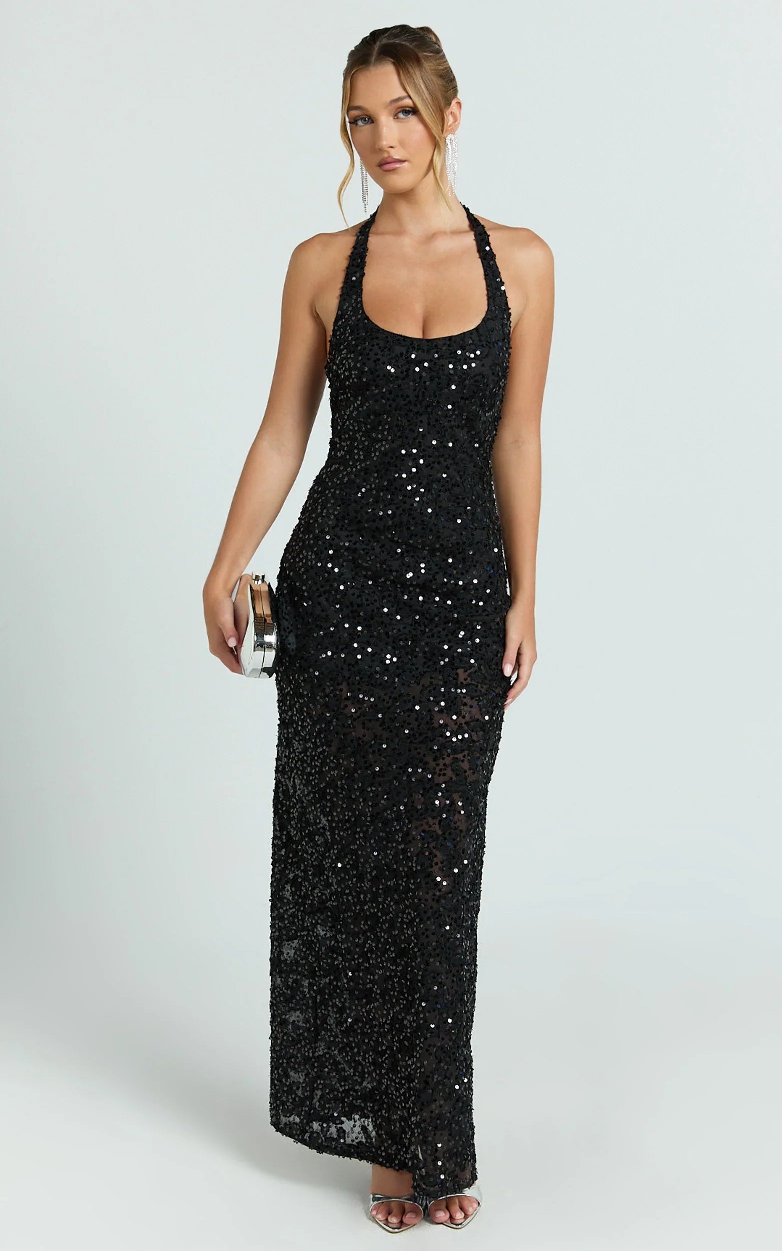 Benny Maxi Dress - Halter Neck Backless Bodycon Dress in Black