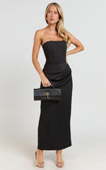 Avery Midi Dress - Strapless Draped Side Split Dress in Black