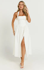 Helda Midi Dress - Halter Tie Neck Corset Panel Dress in Off White