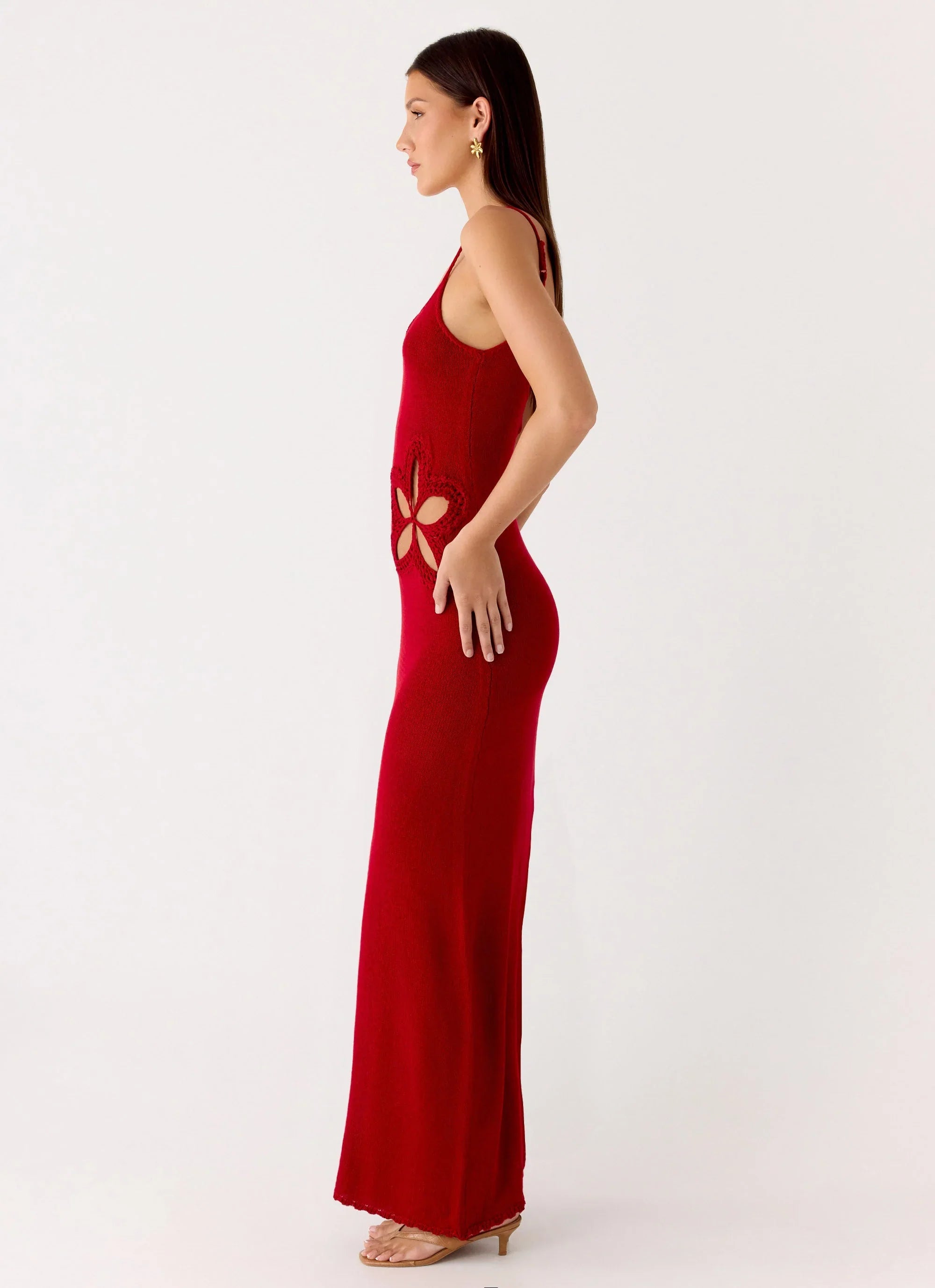 Palm Breeze Flower Crochet Maxi Dress - Burnt Red