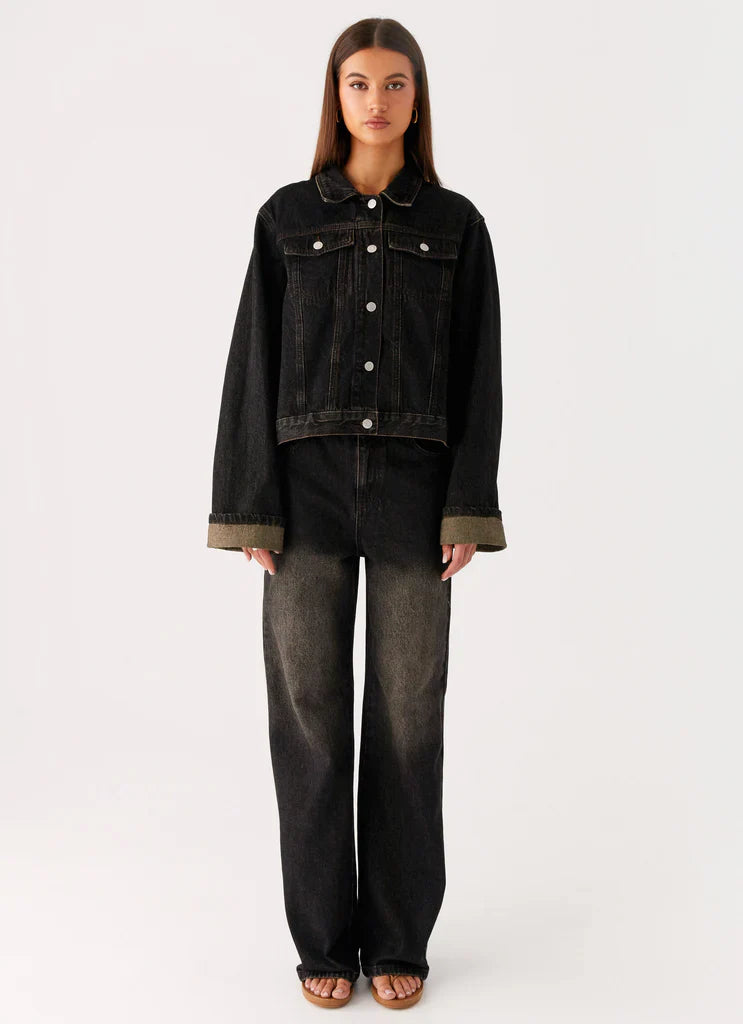 Back Again Oversized Denim Jacket - Acid Charcoal