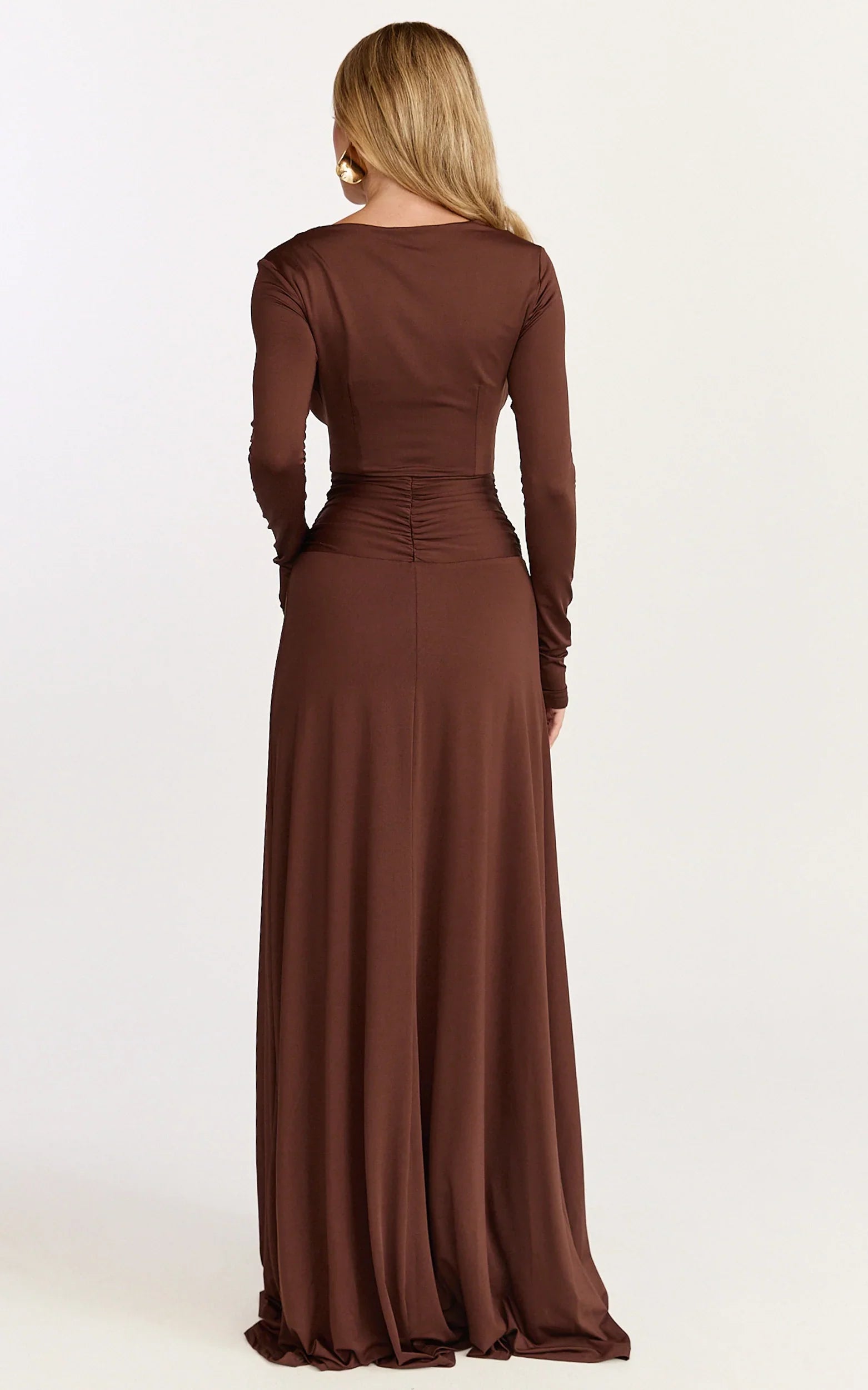 Sahara Maxi Dress - Long Sleeve Cut Out Gold Trim Dress in Chocolate