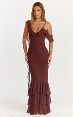 Riley Maxi Dress - Asymmetric Ruffle Detail Maxi Dress in Chocolate