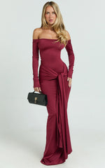 Judith Maxi Dress - Boat Neck Backless Tie Front Long Sleeve Jersey Dress in Wine