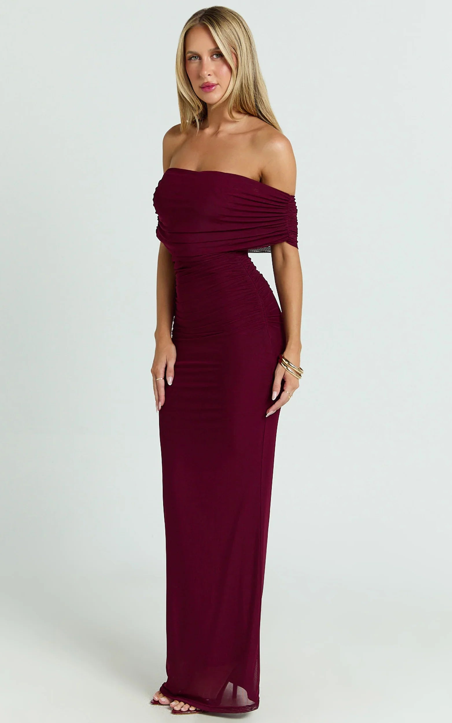 Caterina Maxi - Ruched Off Shoulder Mesh Dress in Wine