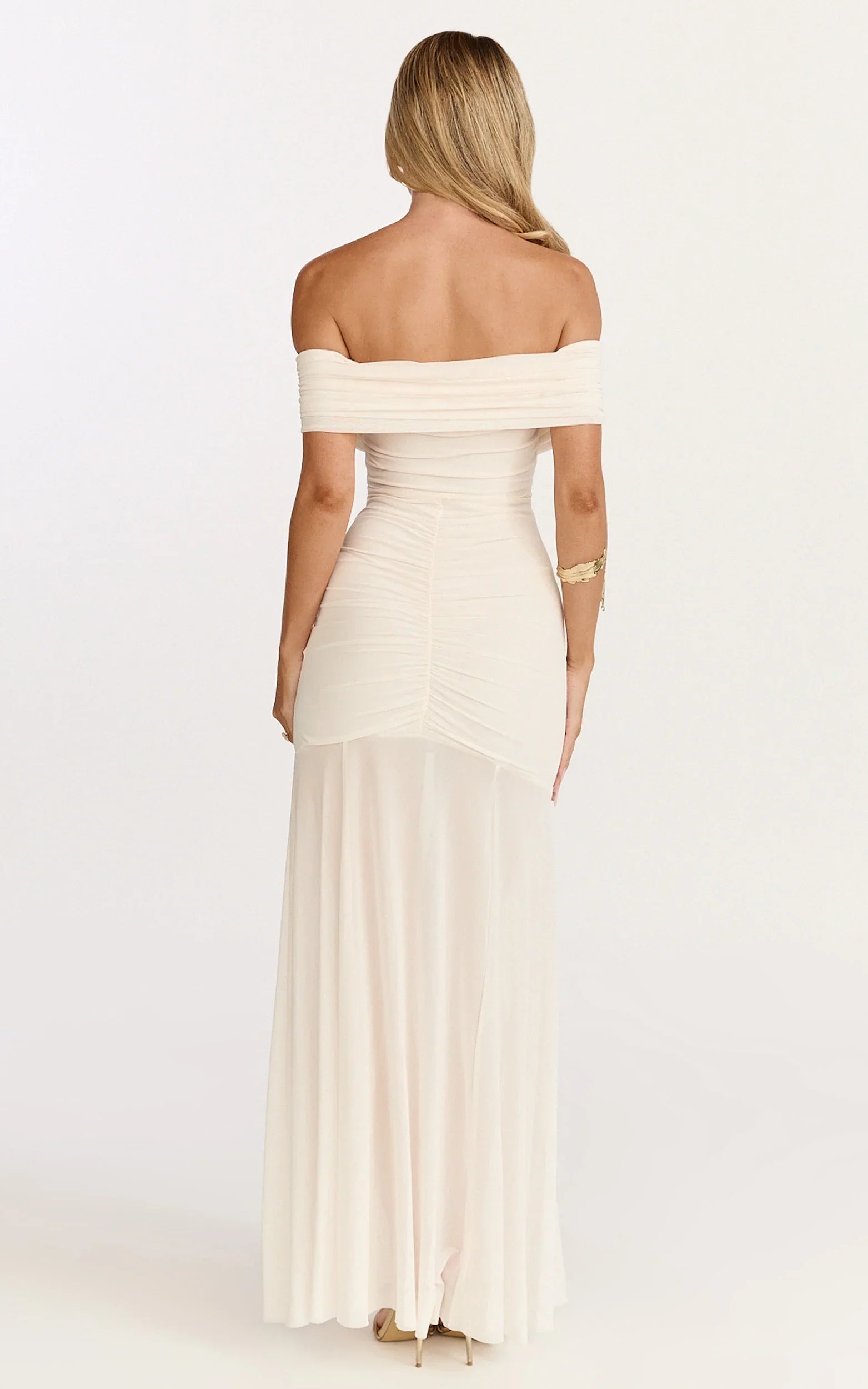 Alanna Maxi Dress - Off Shoulder Ruched Mesh Dress in Cream