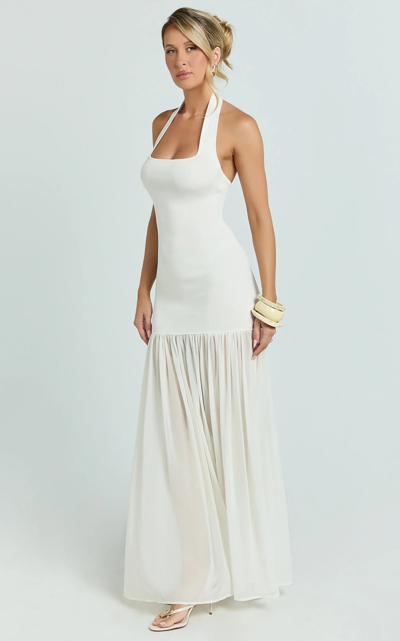 Barbara Maxi Dress - Halter Scoop Neck Contrast Georgette Dress in Ivory
